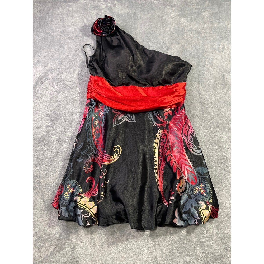One Shoulder Paisley Bubble Hem Cocktail Dress Black Red Rosette Party Mini